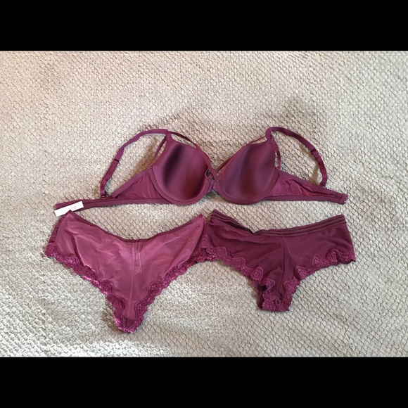 Beautiful plum colored VS lined demi bra with 2 matching pairs of panties EUC - Picture 2 of 12